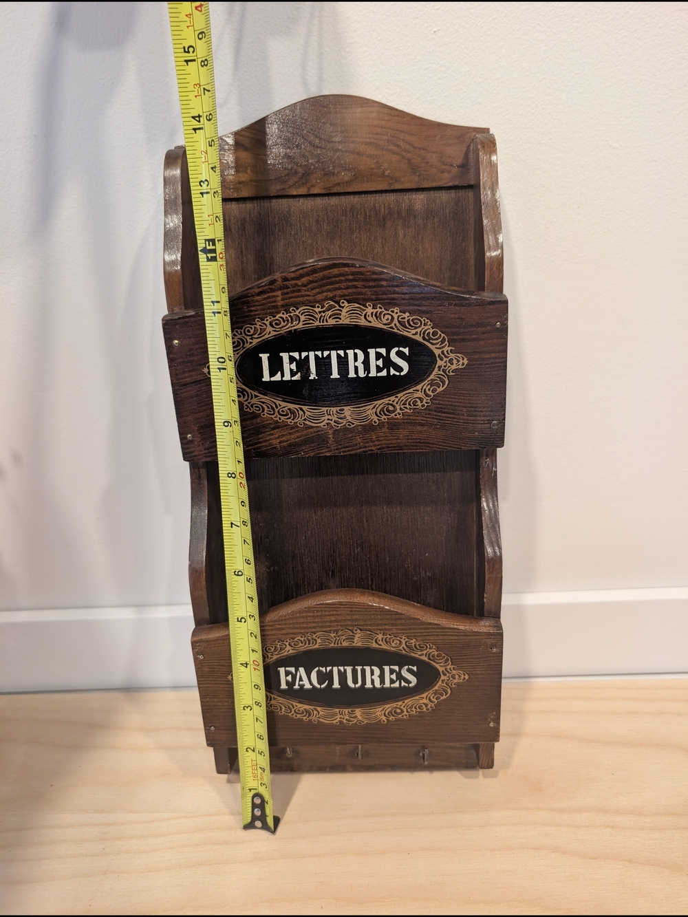 Vintage Style Dark Brown Wooden Wall Mail Organizer - 'Lettres' & 'Factures' - Picture 7 of 8